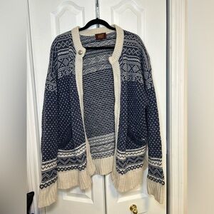 Vintage Nordic Fair Isle Knit Cardigan Sweater Navy & Cream Chunky Wool Blend